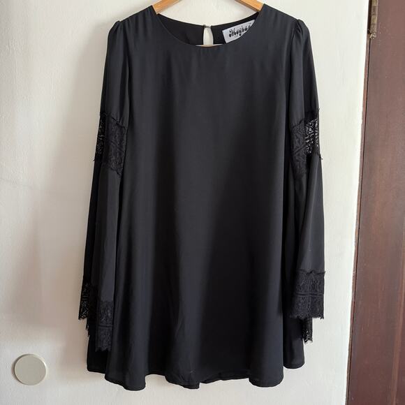 MEGHAN FABULOUS | Black Bell Sleeve Lace Trim Mini Trapeze Dress | Large - Picture 1 of 7